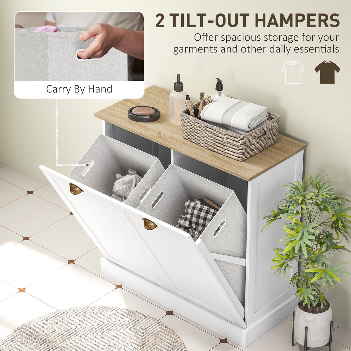 Two removable baskets inside the white hamper cabinet