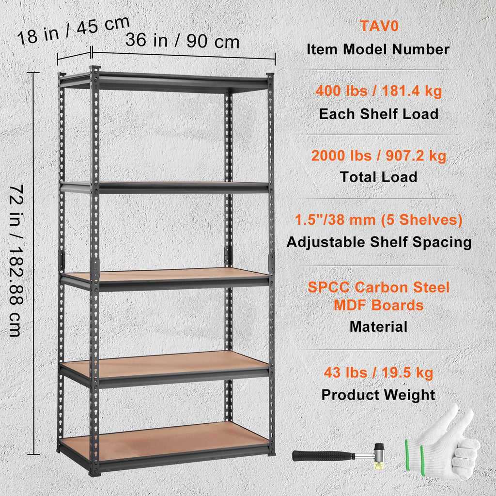 VEVOR Storage Shelving Unit, 5-Tier Adjustable, 2000 Lbs Capacity, Heavy Duty Garage Shelves Metal Organizer Utility Rack, Black,  For Kitchen Pantry Basement Bathroom Laundry — product image 3