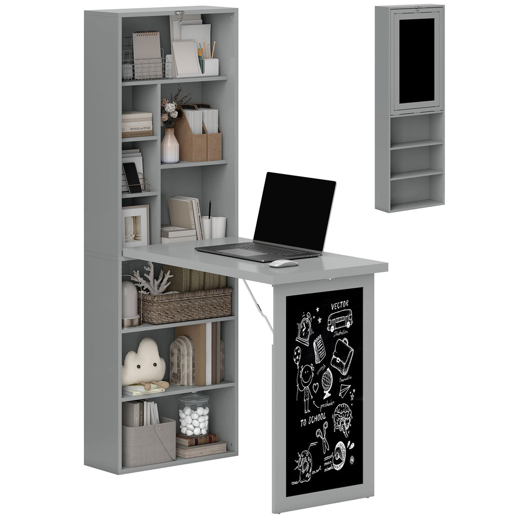 Fold-out Convertible Office Desk, Wall Mount Computer Desk with Blackboard and Side Shelf, Charcoal Gray — product image 1