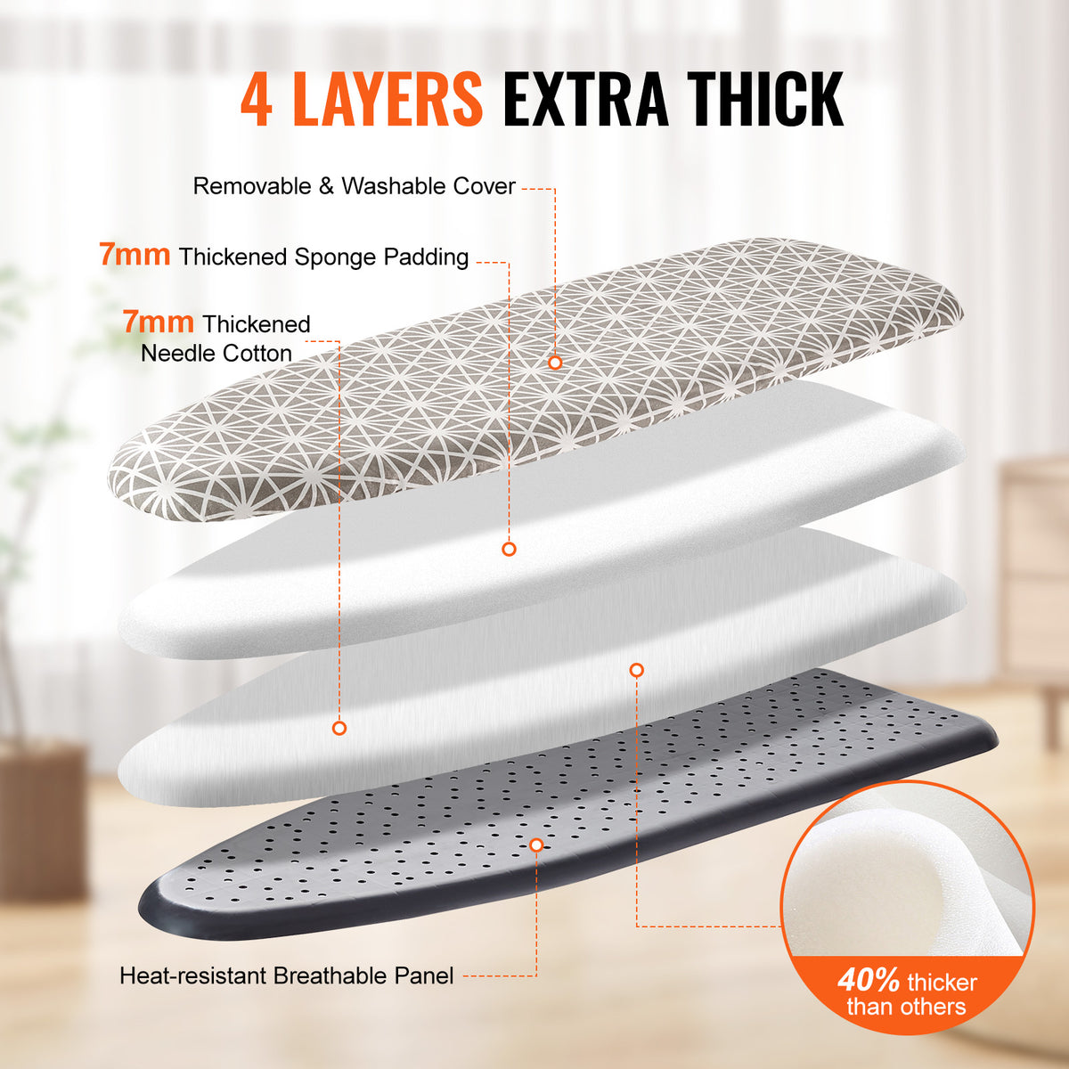 VEVOR Ironing Board With Large 51 X 13 Ironing Surface, Thickened 4 Layers Iron Board With Heat Resistant Cover And Cotton Cover, 7 Adjustable Heights Ironing Board For Home Laundry Room Use — product image 2