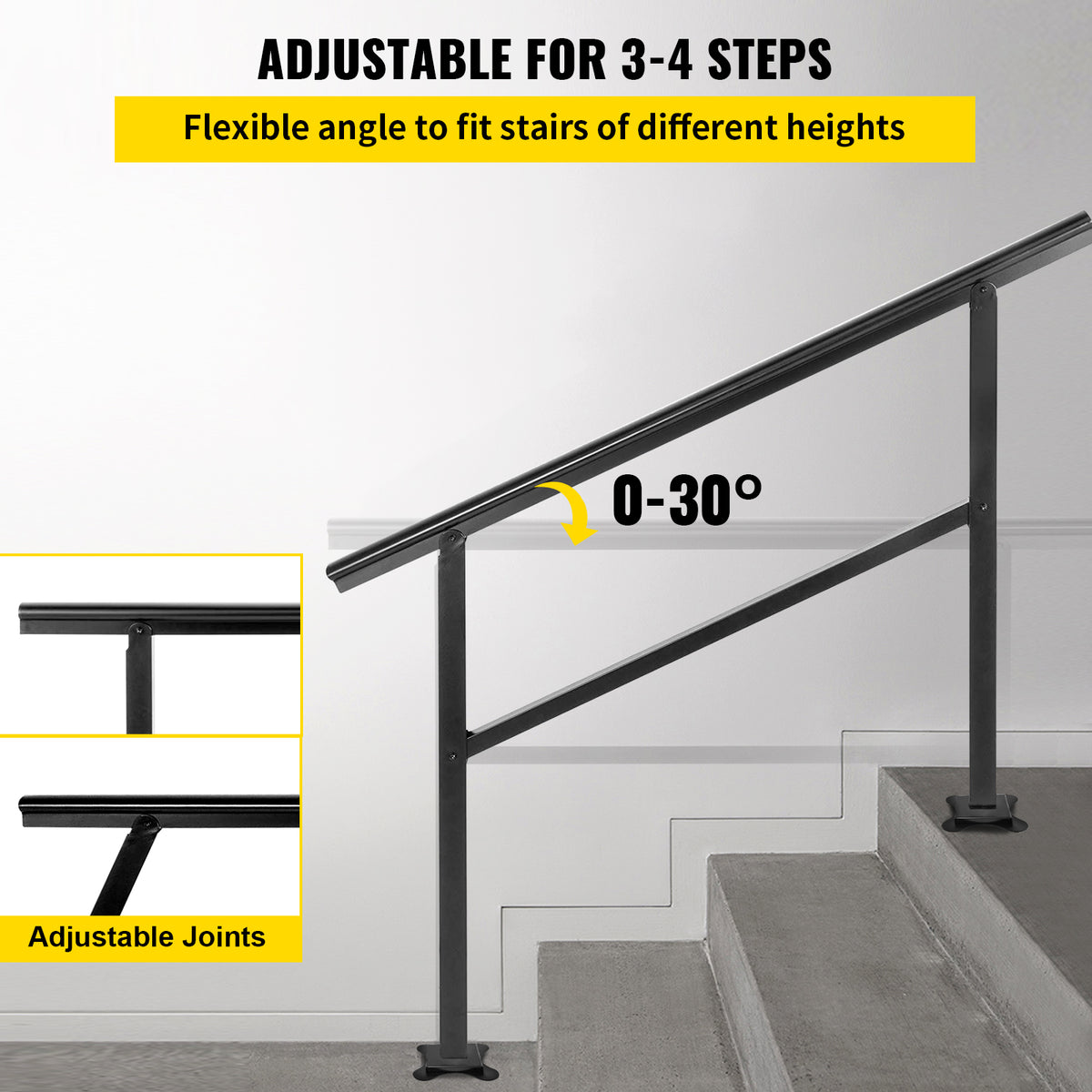 VEVOR Handrail Outdoor Stairs 47.6 X 35.2 Inch Outdoor Handrail Outdoor Stair Railing Adjustable From 0 To 30 Degrees Handrail For Stairs Outdoor Aluminum Black Stair Railing Fit 3-4 Steps — product image 3