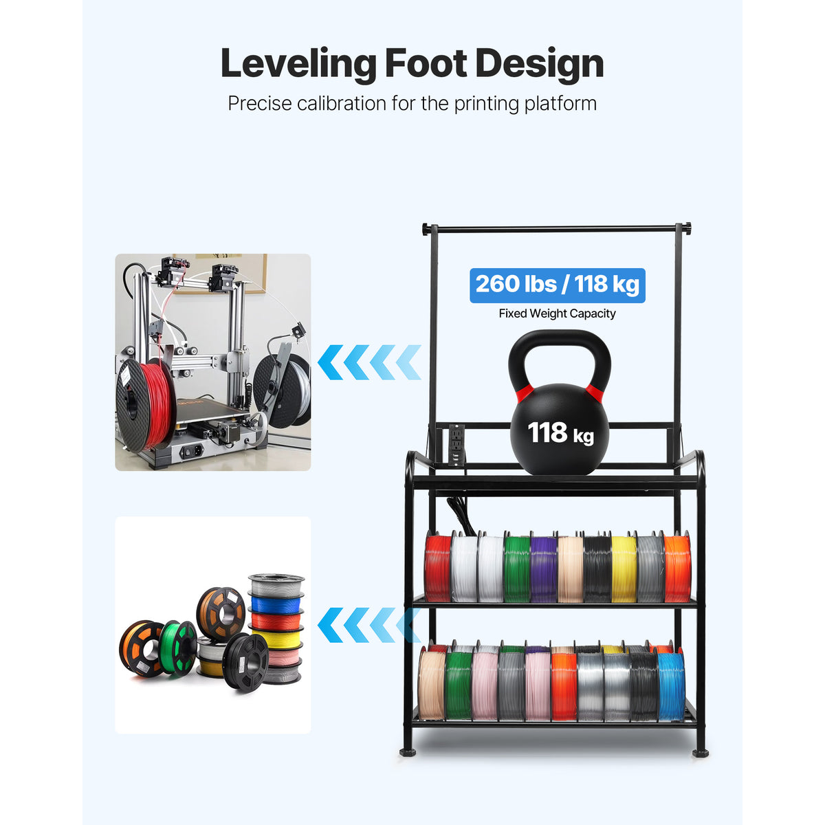 3D Printer Filament Storage Rack, 3-Tier 3D Printer Stand With Filament Storage, Spools Holder Racks Cart With Wheels, Filaments Organzied For 3D Printing Station, Office, Workshop Shelf Only — product image 3