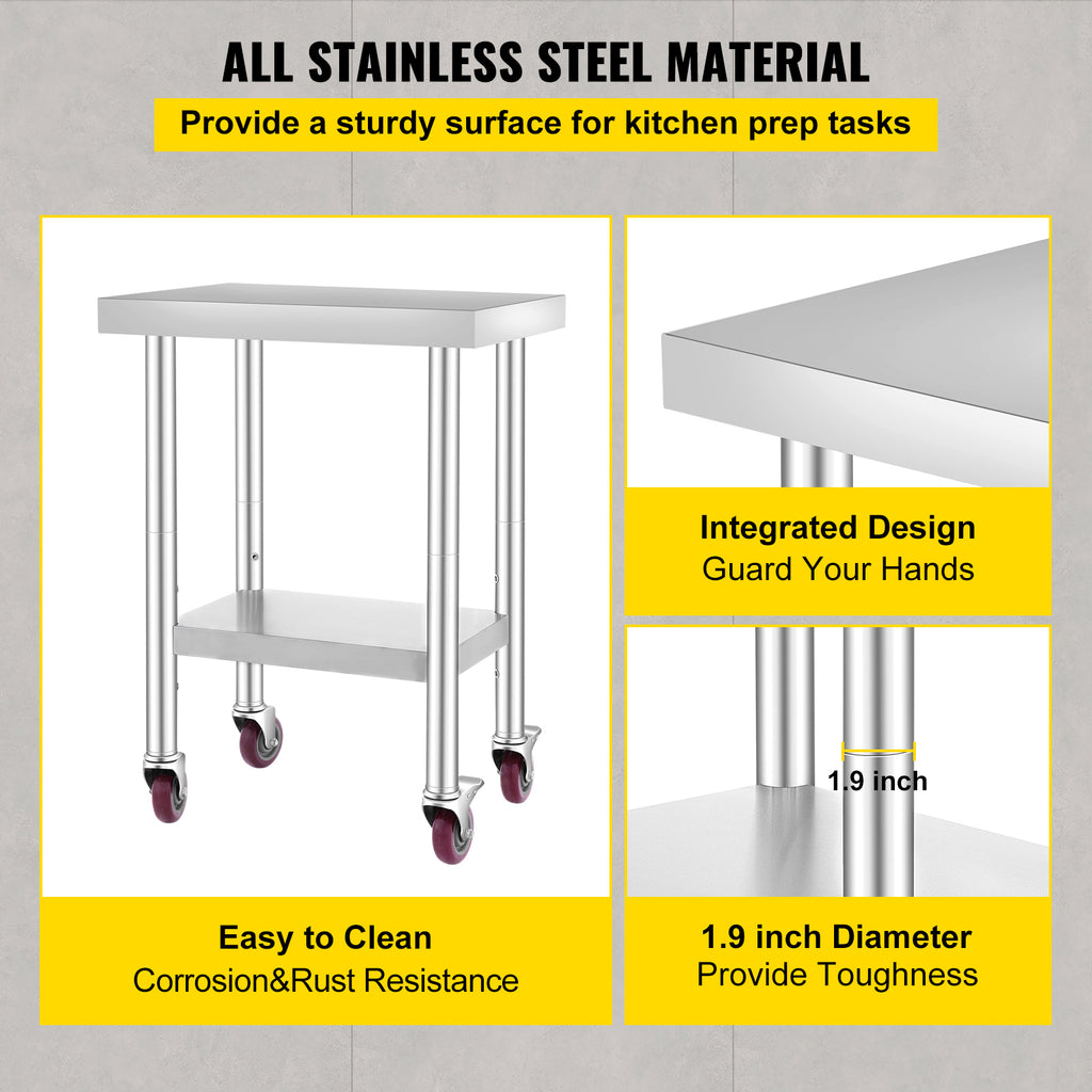 VEVOR 24x18x34 Inch Stainless Steel Work Table 3-Stage Adjustable Shelf With 4 Wheels Heavy Duty Commercial Food Prep Worktable With Brake For Kitchen Prep Work — product image 3