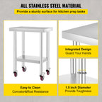 VEVOR 24x18x34 Inch Stainless Steel Work Table 3-Stage Adjustable Shelf With 4 Wheels Heavy Duty Commercial Food Prep Worktable With Brake For Kitchen Prep Work — product image 3