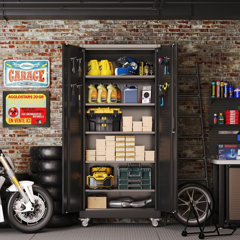 Aobabo Metal Storage Cabinet With Wheels And Door Pegboard Garage And Business Storage For Tools And Office Supplies 5 Adjustable Shelves, Lockable Black Cabinet — product image 3