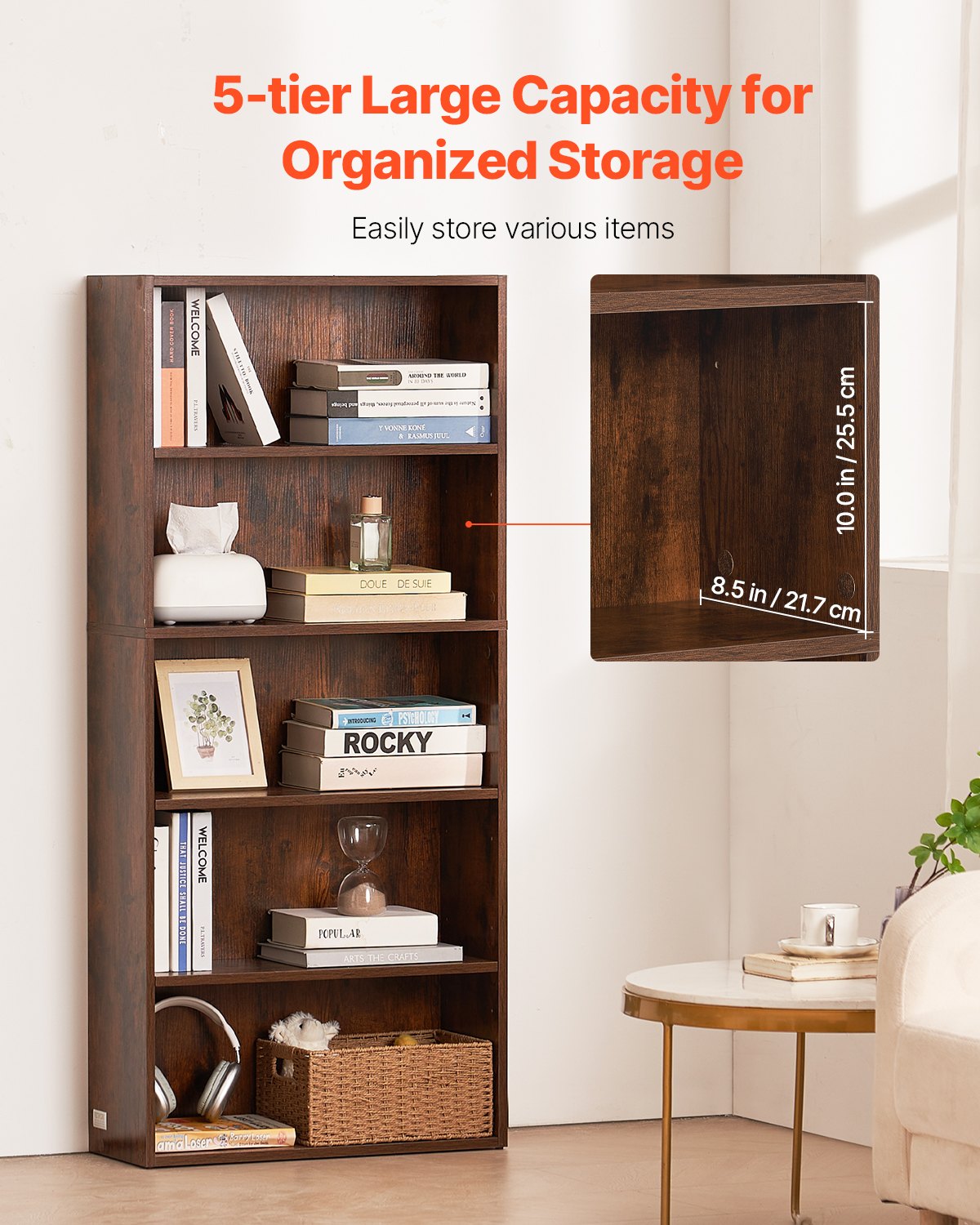 5 Tiers Narrow Bookshelf — 53 in Wooden Open Bookcase with Height-Adjustable Shelf — product image 3