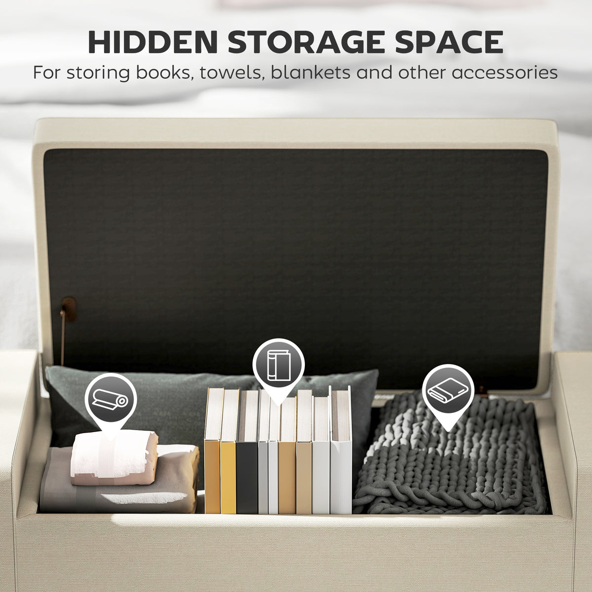 Lift-top bench showing its concealed interior storage