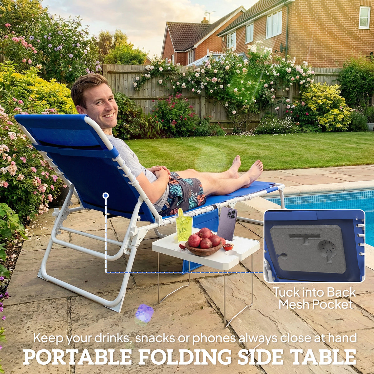Tanning Chair with Face Hole and Side Table, 5-Position Folding Outdoor Chaise Lounge Chair, Navy Blue — product image 3