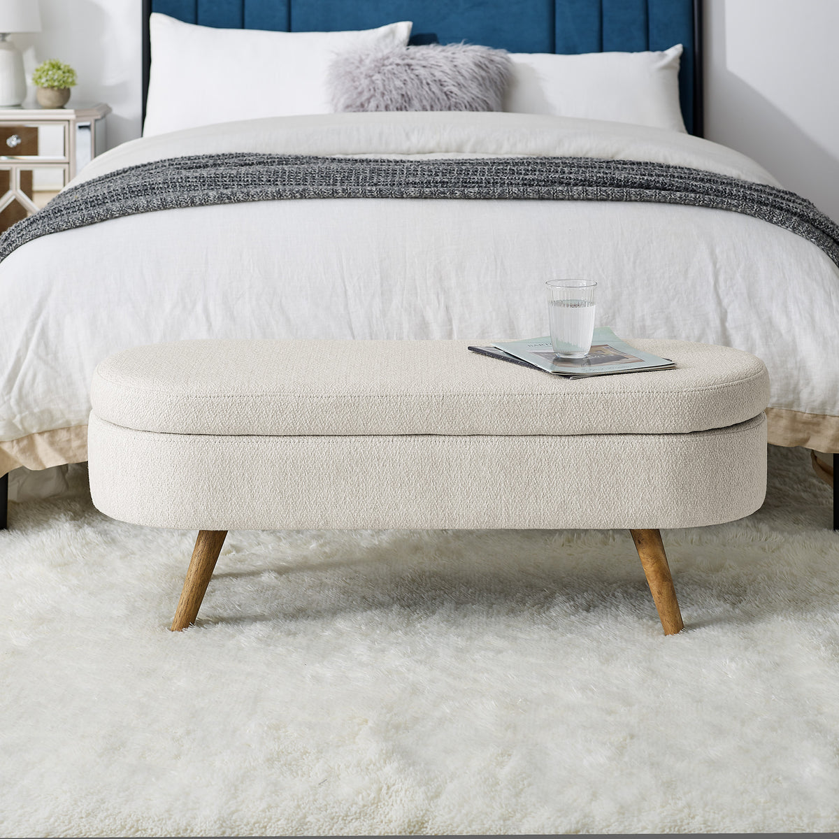 Ottoman Oval Storage Bench,Rubber Wood Legs, Beige 43.5x16x16 — product image 2