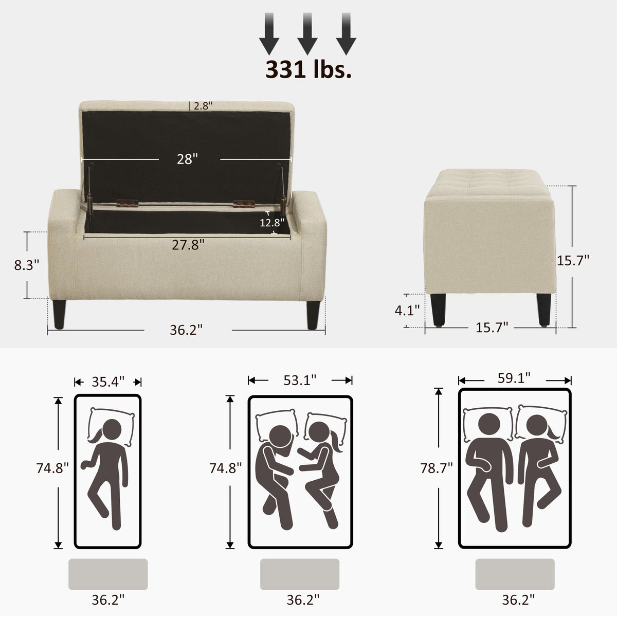 Beige storage ottoman bench shown with the lid closed