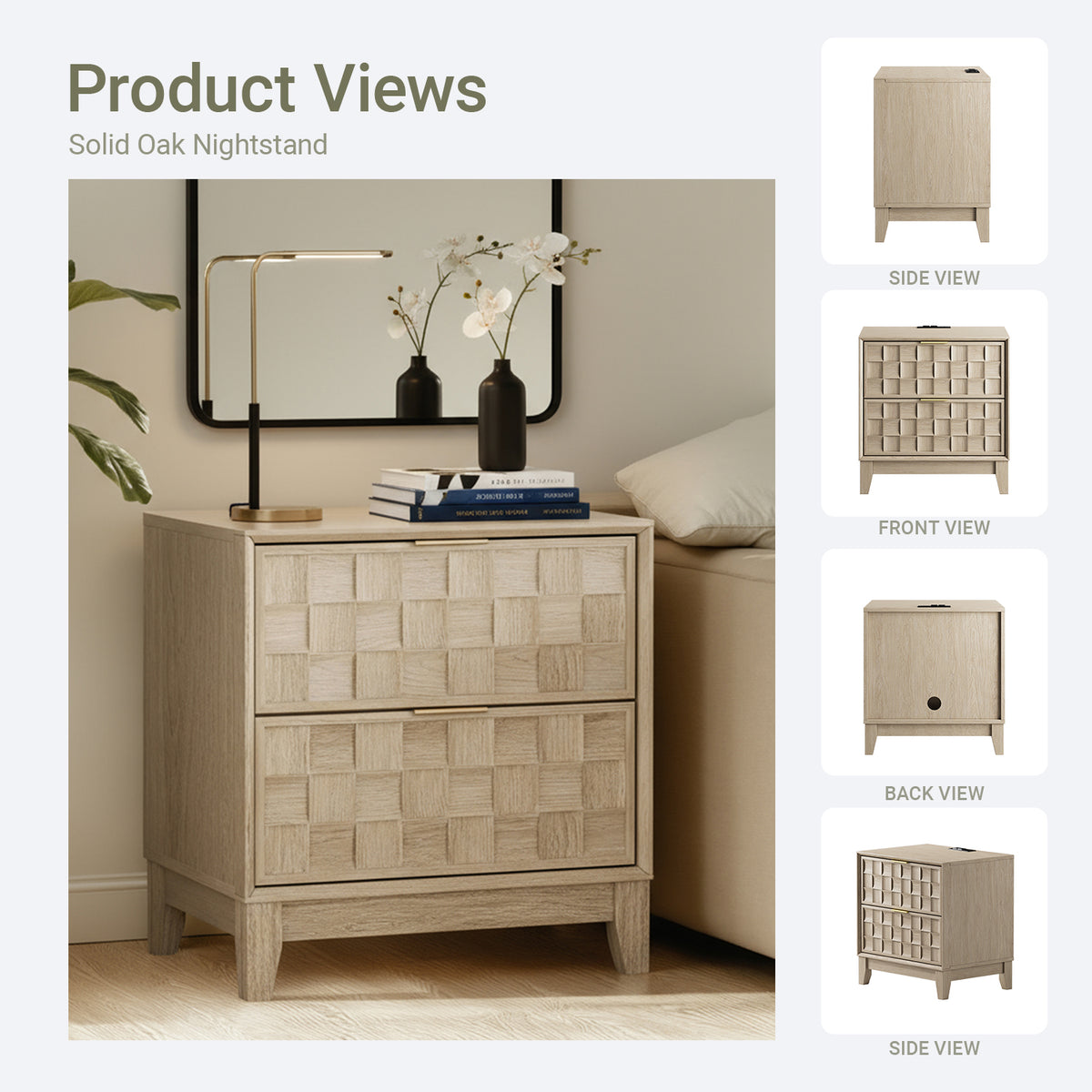 Night Stand with Charging Station — Wooden Nightstand Bedside Table — product image 3