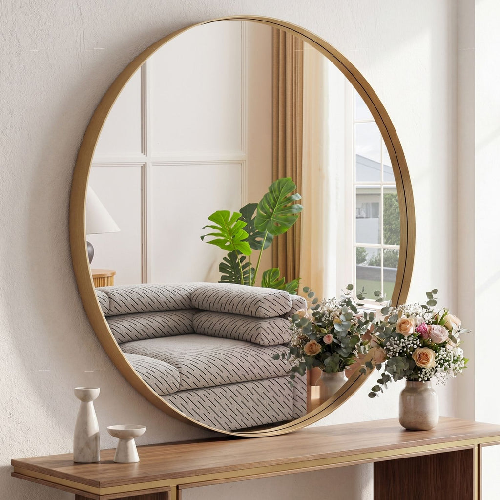 Large gold round mirror displayed above interior furniture