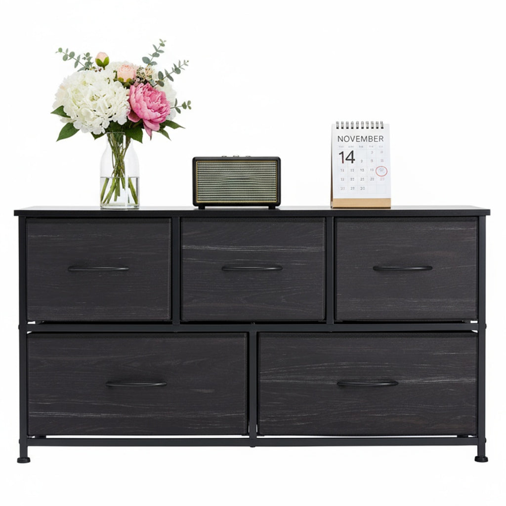 Black wood five-drawer fabric dresser