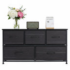 Black wood five-drawer fabric dresser