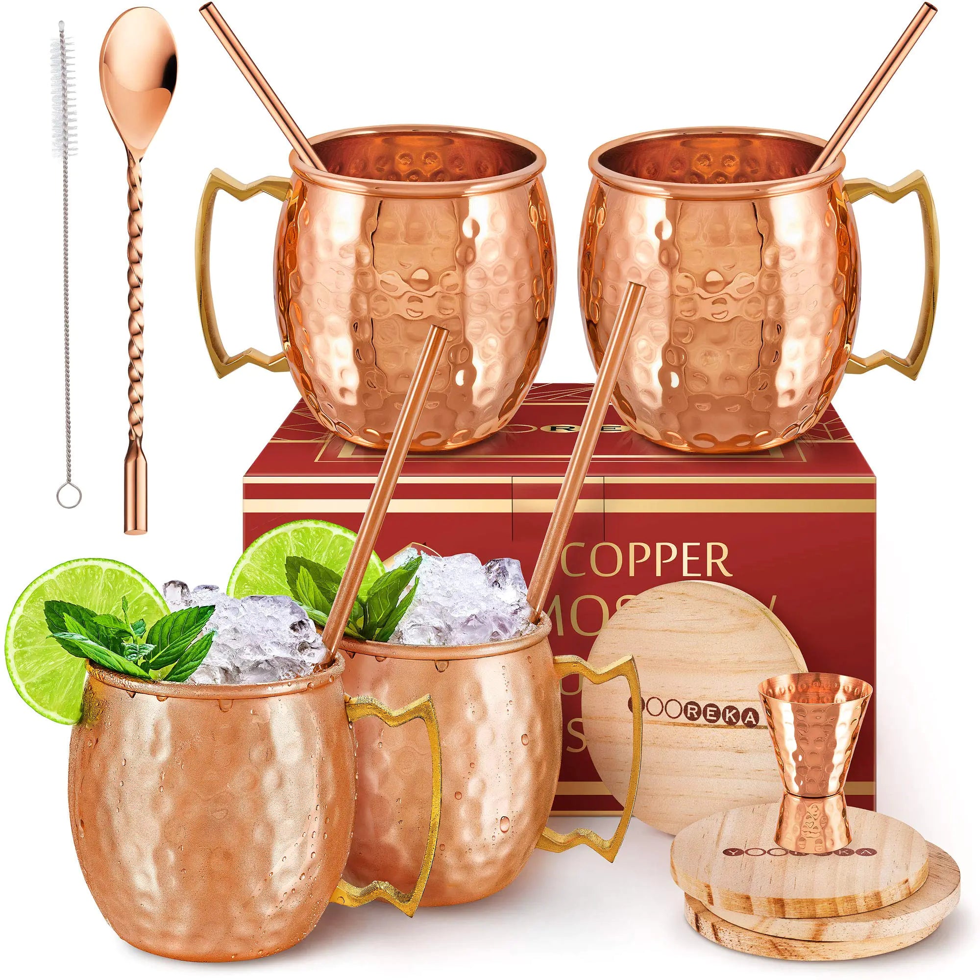 Yooreka Pure Copper Moscow Mule Set - 4 Mugs with Accessories