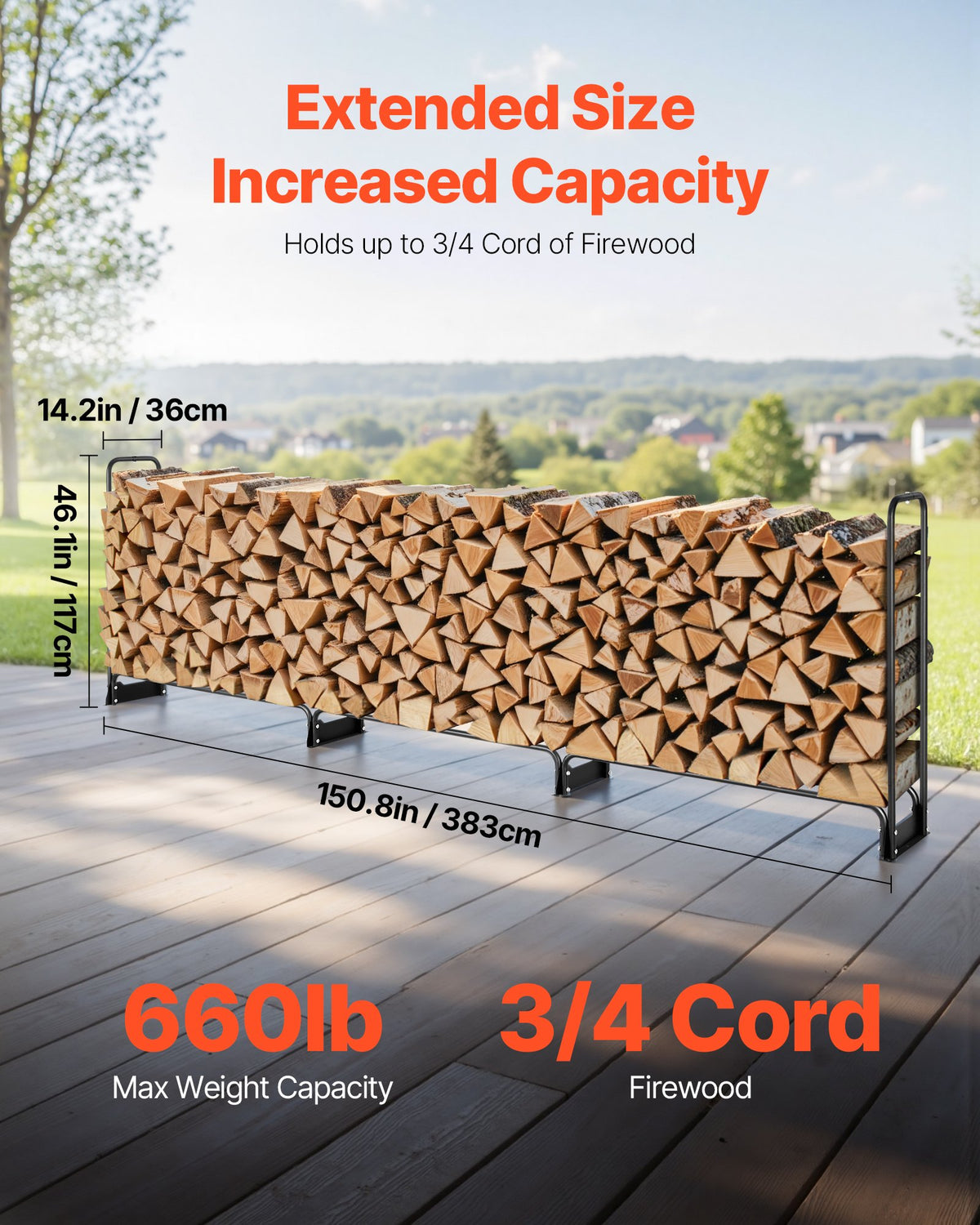 12.7FT Outdoor Firewood Rack With Cover, 152x14.2x46.1in,Heavy Duty Firewood Holder & 600D Oxford Waterproof Cover For Fireplace, Patio, Indoor/Outdoor Log Storage Rack For 3/4 Cord Of Firewood — product image 3