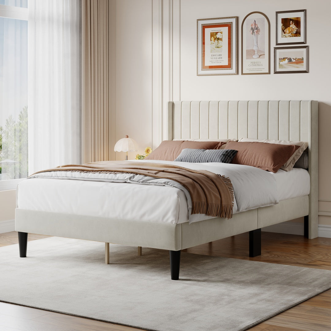 Double Bed Frame, Fabric-covered Wing-shaped Headboard And Wooden Crossbars, With A Load Capacity Of 500 Pounds, Without Box Springs — product image 1