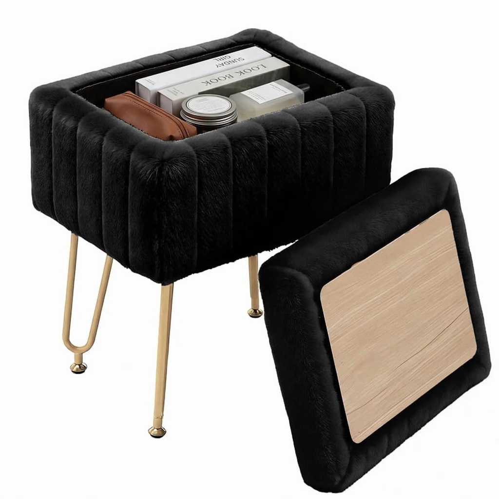 Camel faux-fur storage stool — view 3
