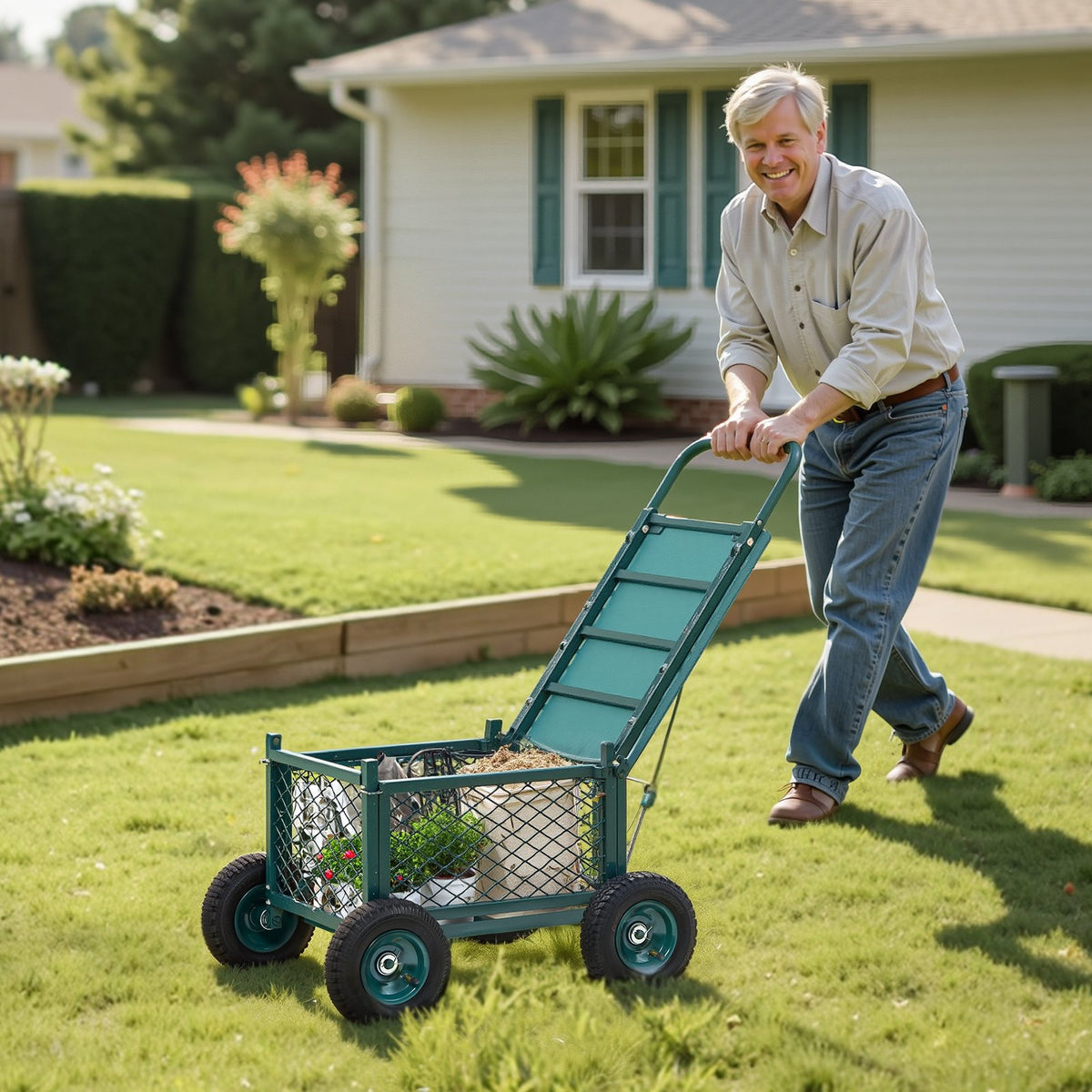 Rolling Garden Seat With Wheel 400LB Heavy Duty Metal Garden Cart With Storage — product image 1