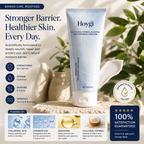 Hoygi Skin Protection Cream tube standing upright on a stone surface with a white ceramic spoon beside it, in a styled skincare marketing scene with text callouts, ingredient panels, and a '100% Satisfaction Guaranteed' badge.
