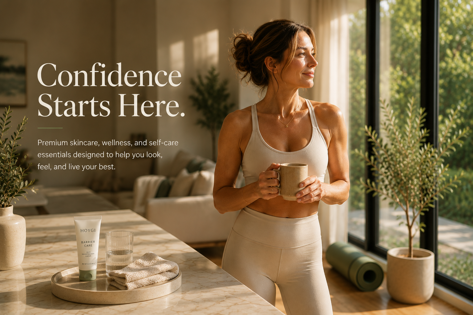 A woman in a white sports bra and leggings stands by a window holding a mug in a bright, modern room. On the counter, skincare products and a glass are arranged on a tray.