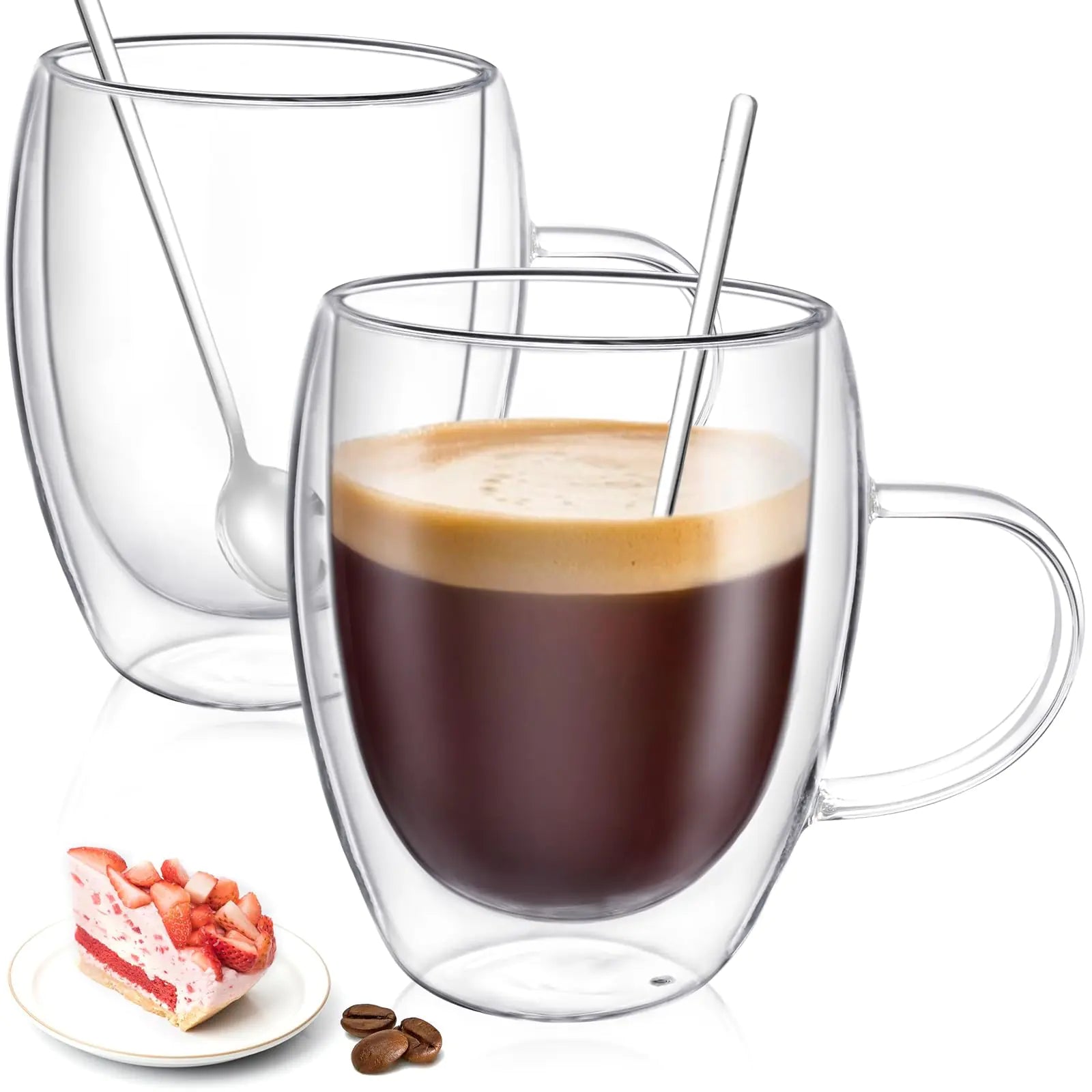 OYY 12oz Double-Wall Glass Coffee Mug Set with Spoons