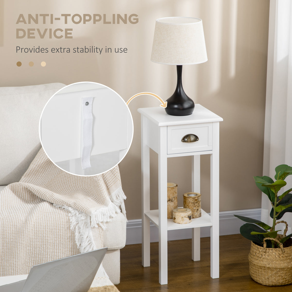 2-Tier Side Table with Drawer and Shelf, End Table for Living Room and Hallway, White — product image 2