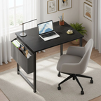 Black compact desk with storage bag and hook