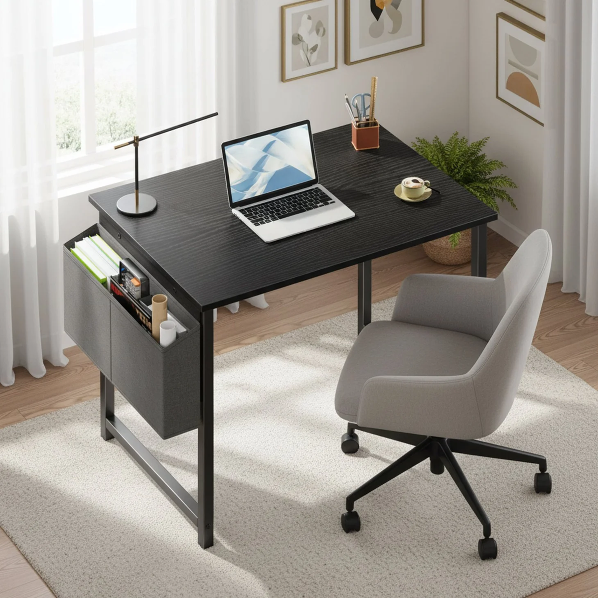 Black compact desk with storage bag and hook