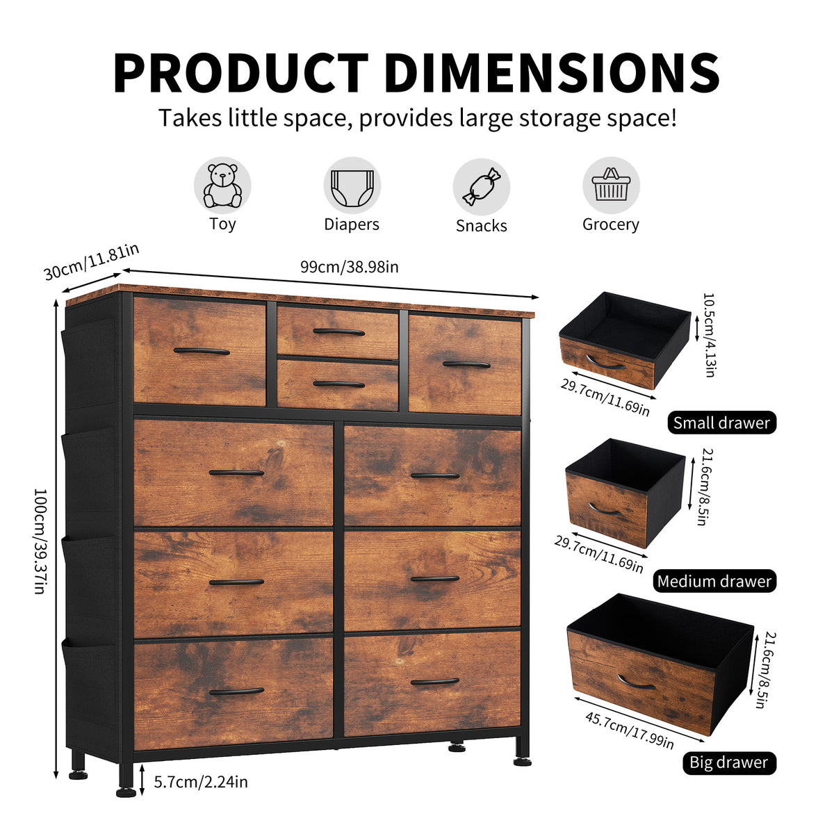10-Drawer Dresser With Side Pocket & Hooks, Storage Cabinet With Wood Top For Bedroom Closet Organization — product image 3