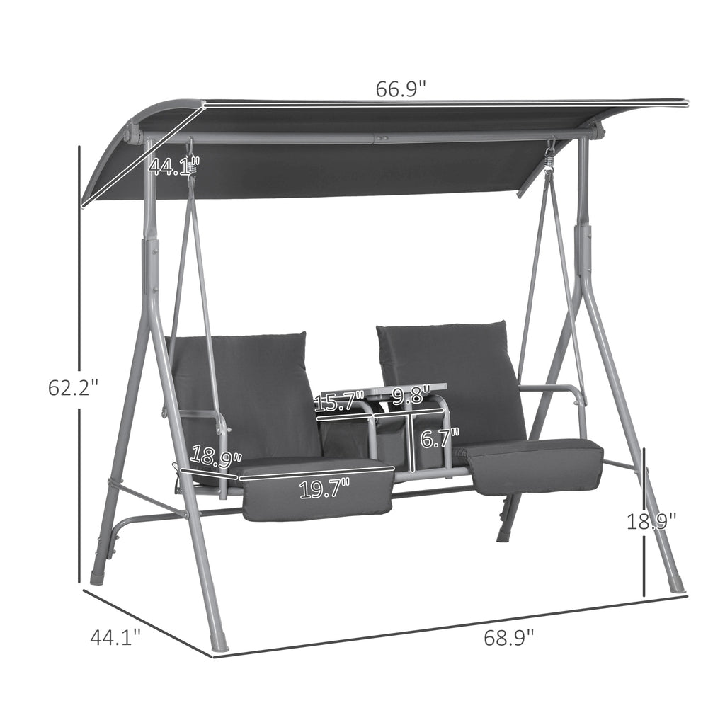 2-Seater Outdoor Porch Swing with Canopy and Table, Patio Swing Chair for Garden, Poolside, Backyard, Gray — product image 2
