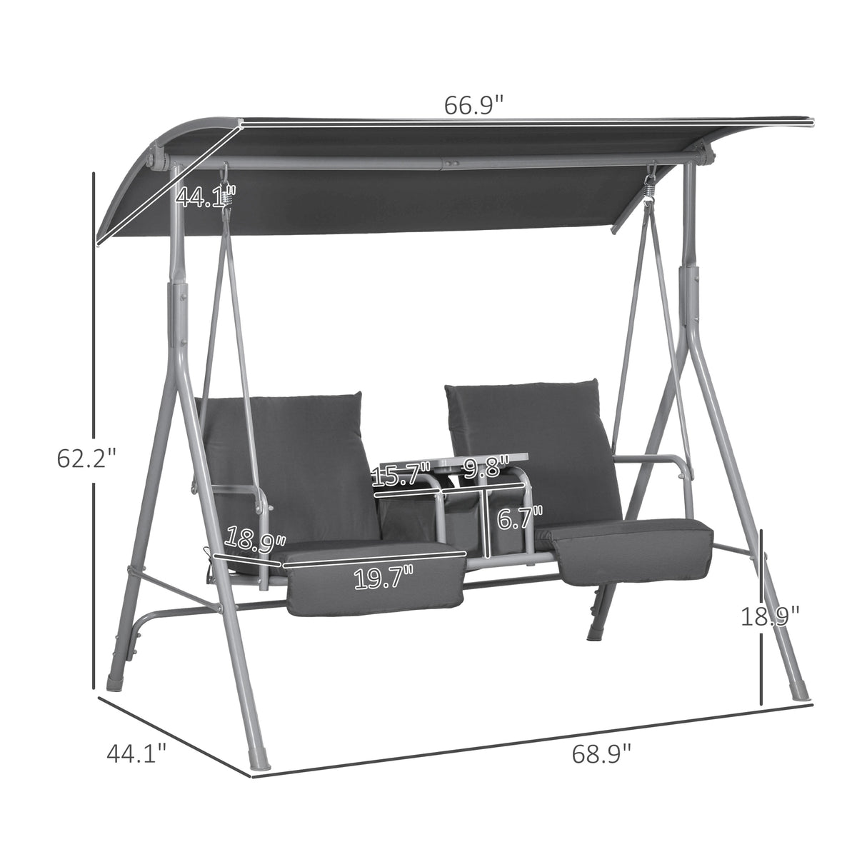 2-Seater Outdoor Porch Swing with Canopy and Table, Patio Swing Chair for Garden, Poolside, Backyard, Gray — product image 2