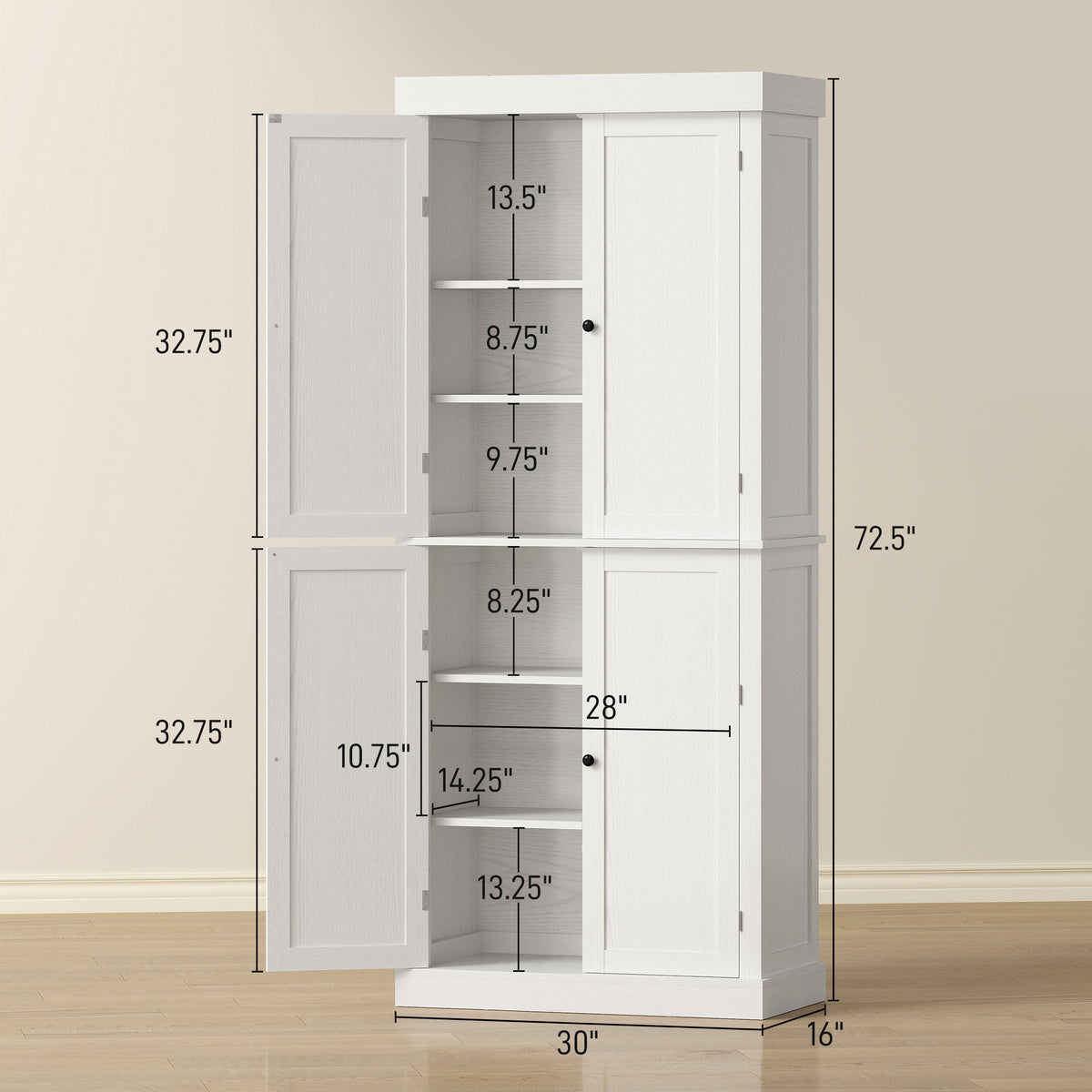  72" Kitchen Cabinet, Pantry Storage Cabinet with Doors and Shelves, Freestanding Food Pantry Cabinet, White Wood Grain — product image 3