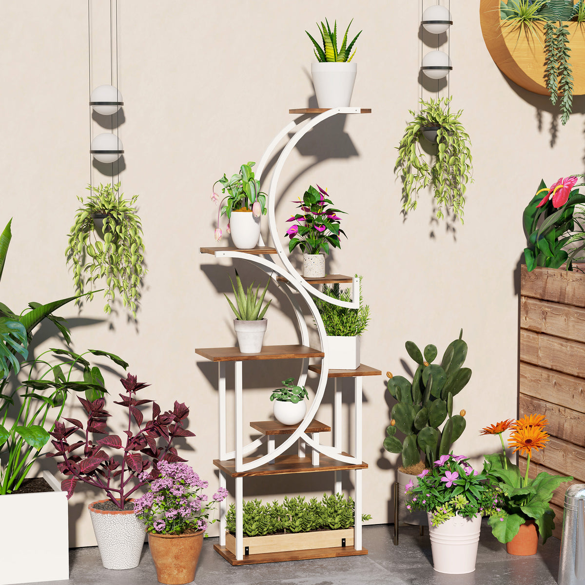 White S-shaped eight-tier plant stand with brown wood shelves displaying potted plants outdoors