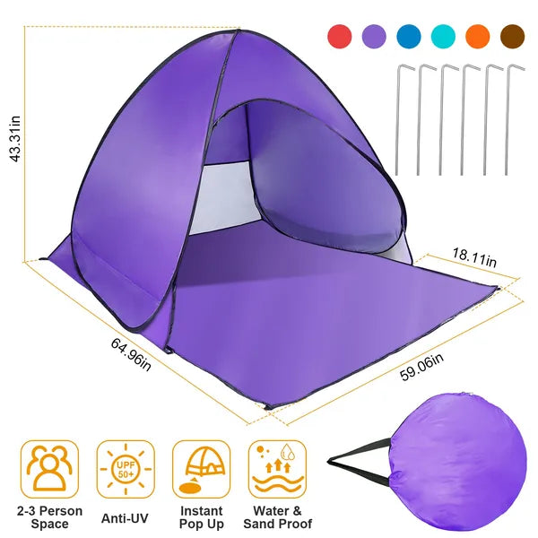 Pop Up Beach Tent Sun Shade Shelter Anti-UV Automatic Waterproof Tent Canopy For 2/3 Man W/ Net Window Storage Bag — product image 2