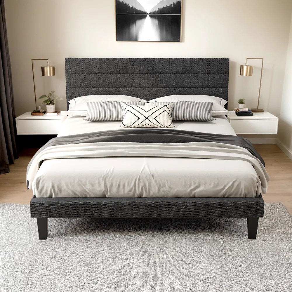 Dark Gray Queen Size Tufted Platform Bed Frame - Linen-Like Upholstery — product image 1