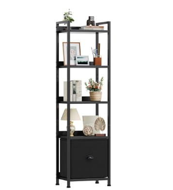 Brown five-tier bookcase with fabric drawer — view 2