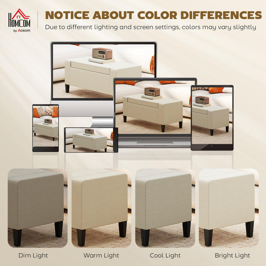 Storage bench detail showing beige upholstery and rubberwood feet