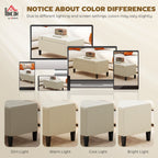 Storage bench detail showing beige upholstery and rubberwood feet