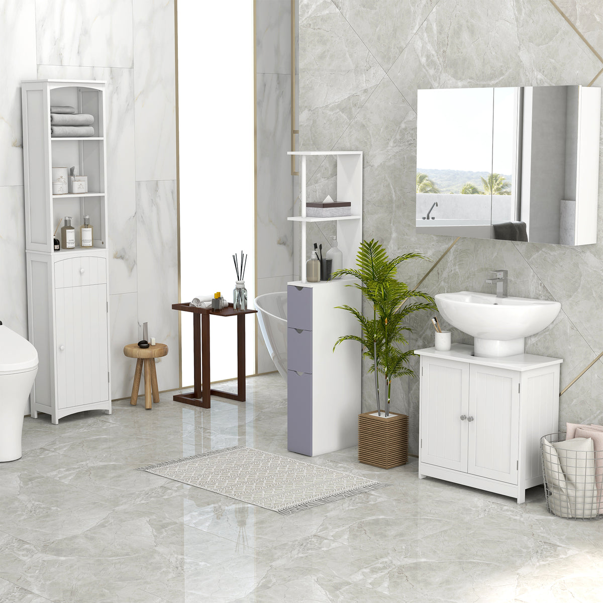  Under Sink Bathroom Cabinet, Pedestal Sink Storage Cabinet with 2 Doors, Shelf and U-Shape, White — product image 3