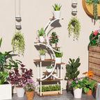 White and brown eight-tier plant stand surrounded by colorful potted plants