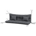 Charcoal tufted bench seat and back cushions with two square pillows and multiple tie straps on white