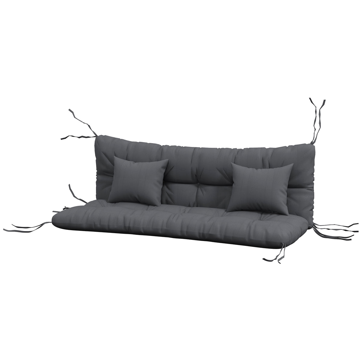 Charcoal tufted bench seat and back cushions with two square pillows and multiple tie straps on white