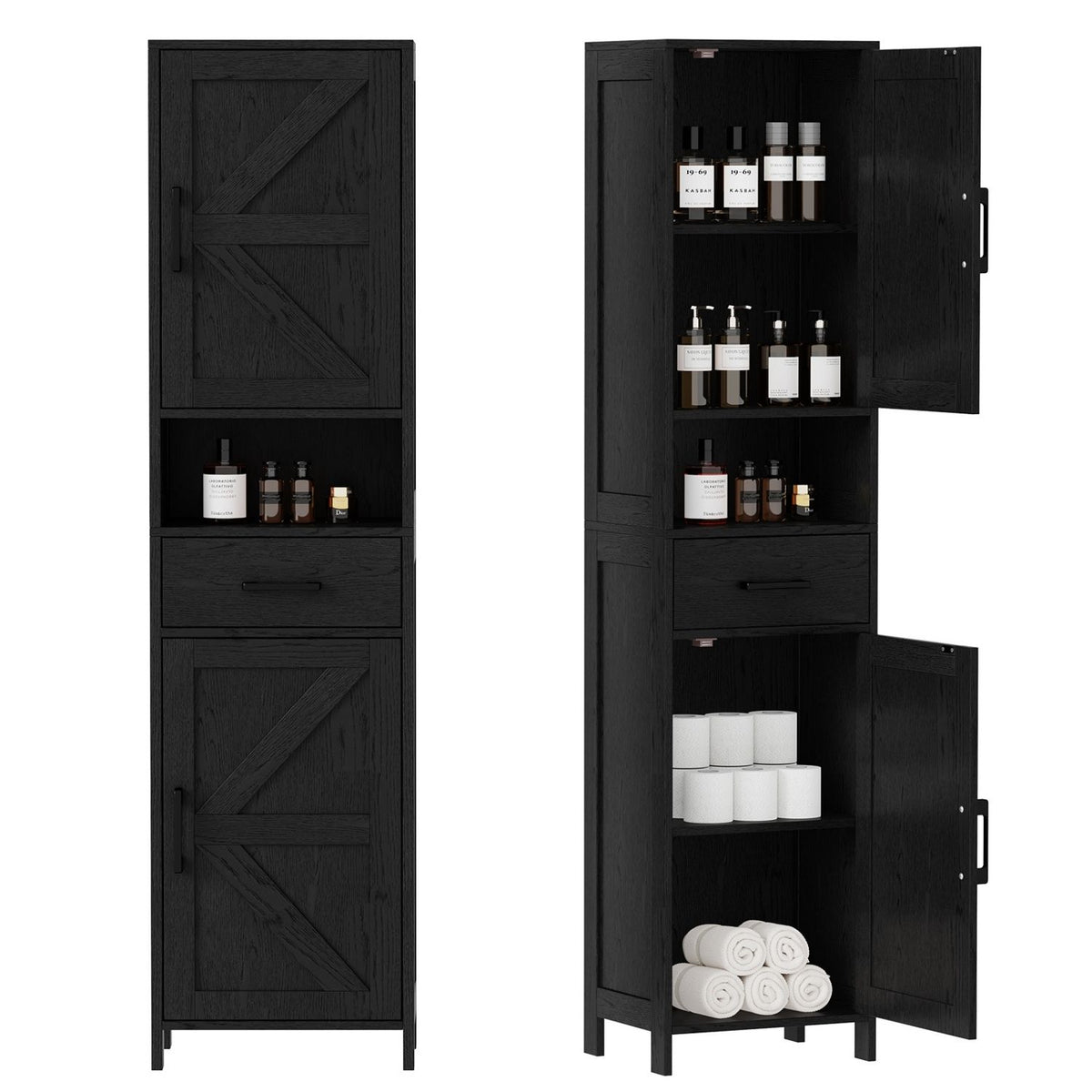 Tall Narrow Storage Cabinet — 2 Barn Doors with Drawer — product image 3