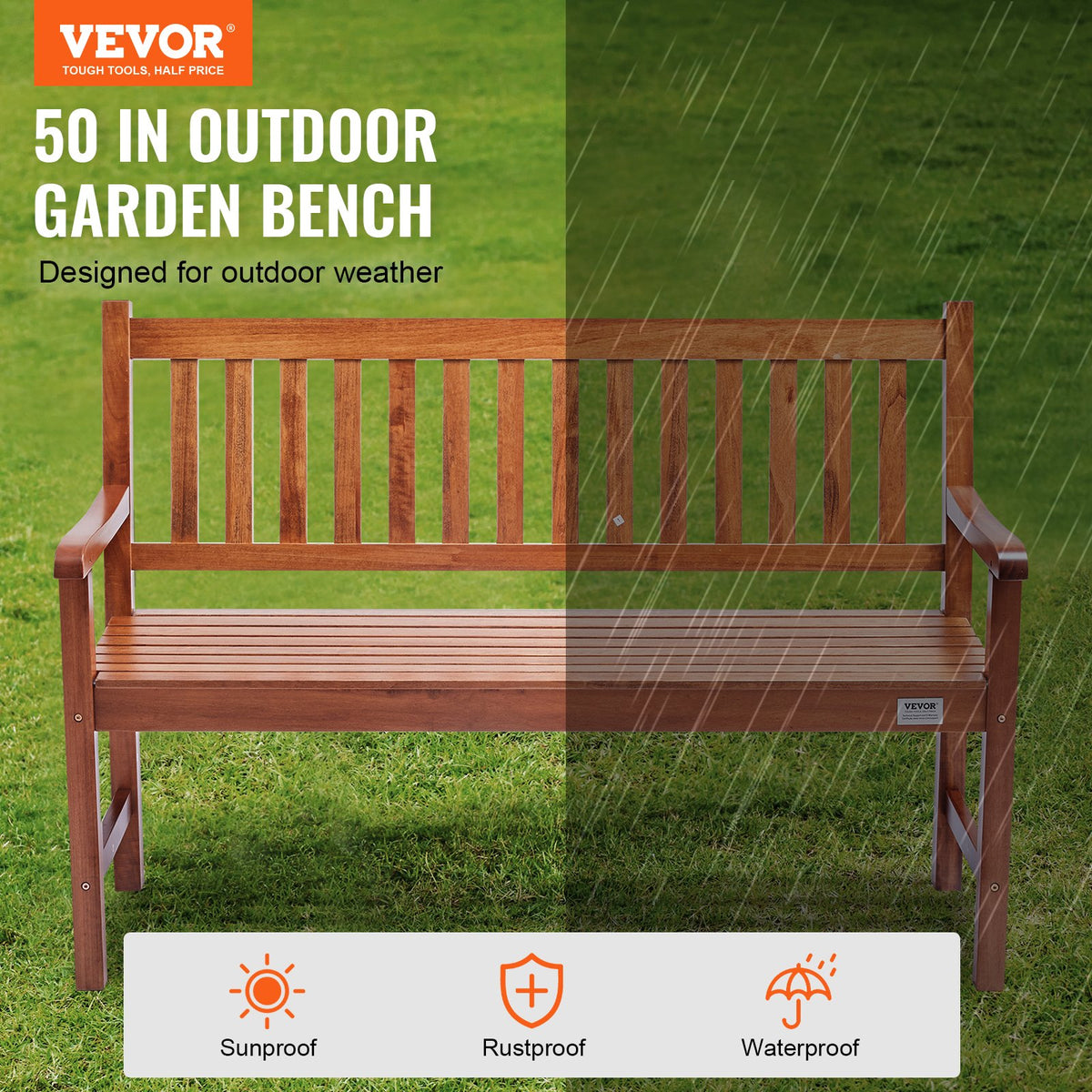 Outdoor Bench, 50 Inches Wood Garden Bench For Outdoors, Outdoor Garden Park Bench With Backrest And Armrests, 800 Lbs Load Capacity Bench, Patio Bench For Garden, Park, Yard, Front Porch — product image 3