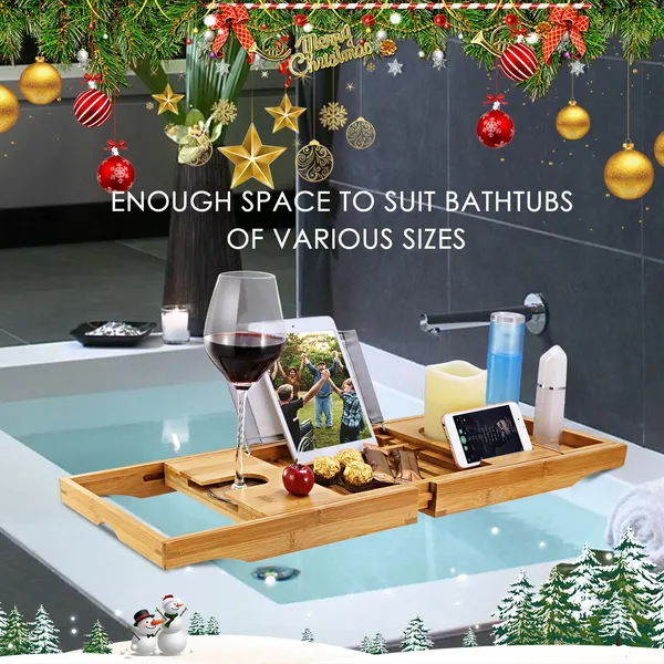 Bathtub Caddy Tray Crafted Bamboo Bath Tray Table Extendable Reading Rack Tablet — product image 1