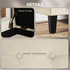 Beige linen-feel storage bench showing cushioned seating