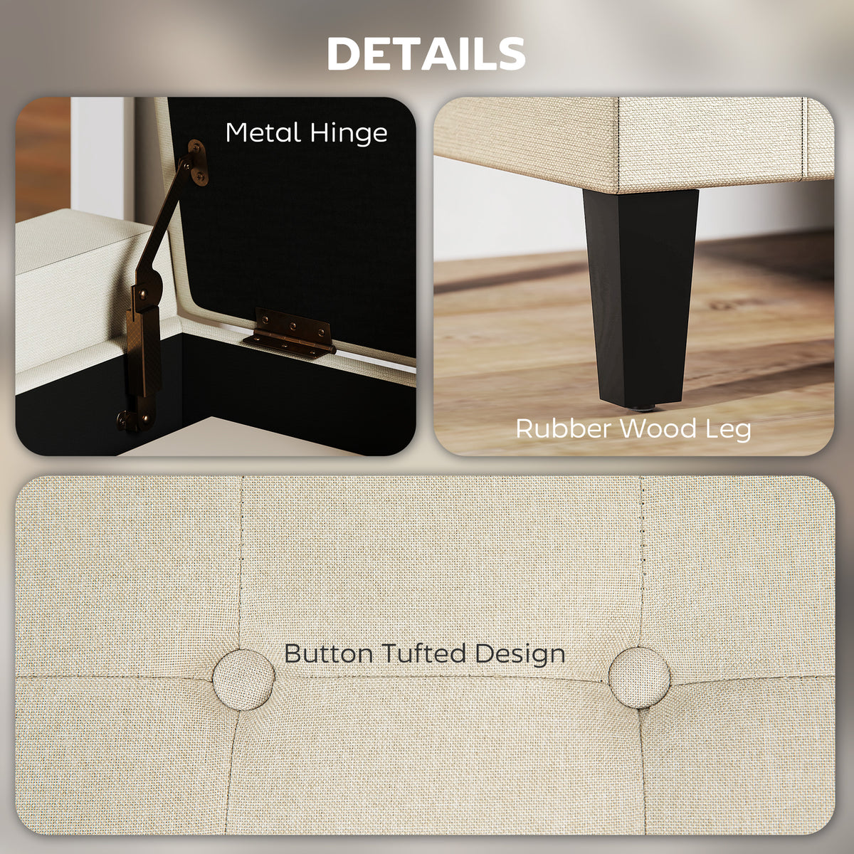 Beige linen-feel storage bench showing cushioned seating