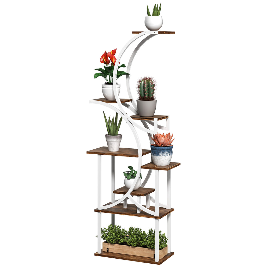 White steel and brown wood eight-tier S-shaped plant stand with potted plants on a white background