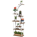 White steel and brown wood eight-tier S-shaped plant stand with potted plants on a white background